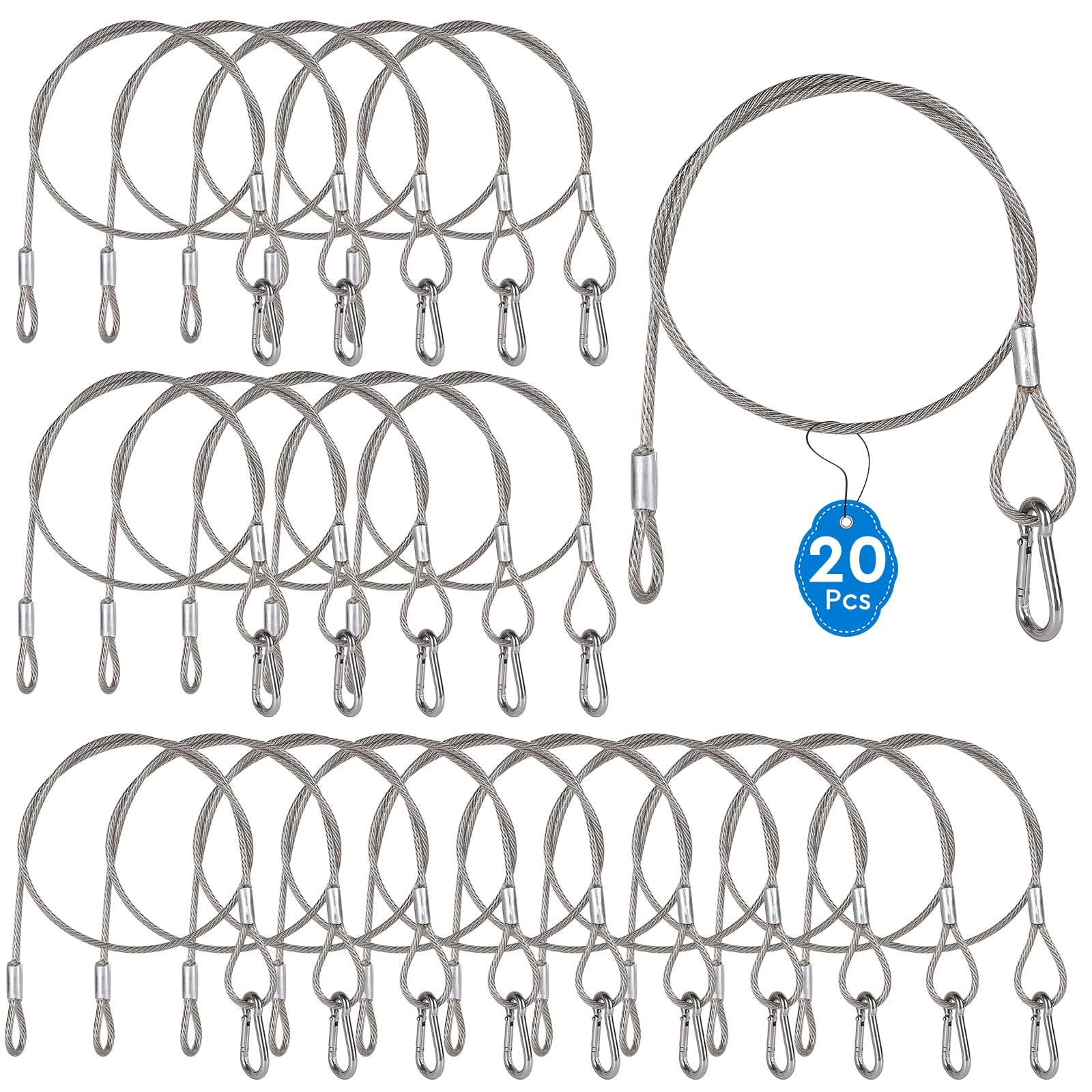 EFUTURETIME 20 x Sicherheit Stahlseil 80 cm Sicherungsseil 4 mm (Tragfähigkeit 30 kg) mit Edelstahl Karabinerverschluss (90 kg Traglast), Traversenzubehör für extra Sicherung