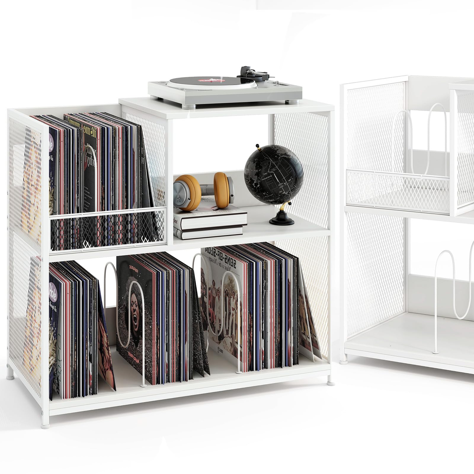 KOMFOTTEU Support de Disque Vinyle pour 300 Albums, Meuble Platine 3 Niveaux avec 3 Séparateurs Amovibles, Meuble Tourne-Disque, Pieds réglables, Style Vintage, 83 x 36 x 76,5 cm (Blanc)