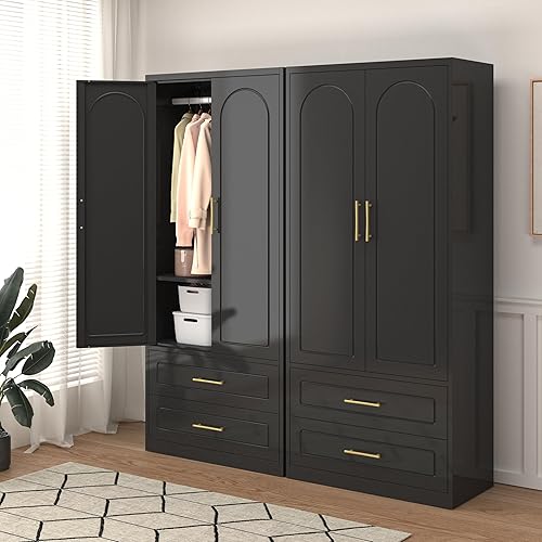 Miniatura 9 de Armario de metal, armario con barra para colgar, armario de almacenamiento de ropa con estantes y puertas ajustables, armario de ropa para