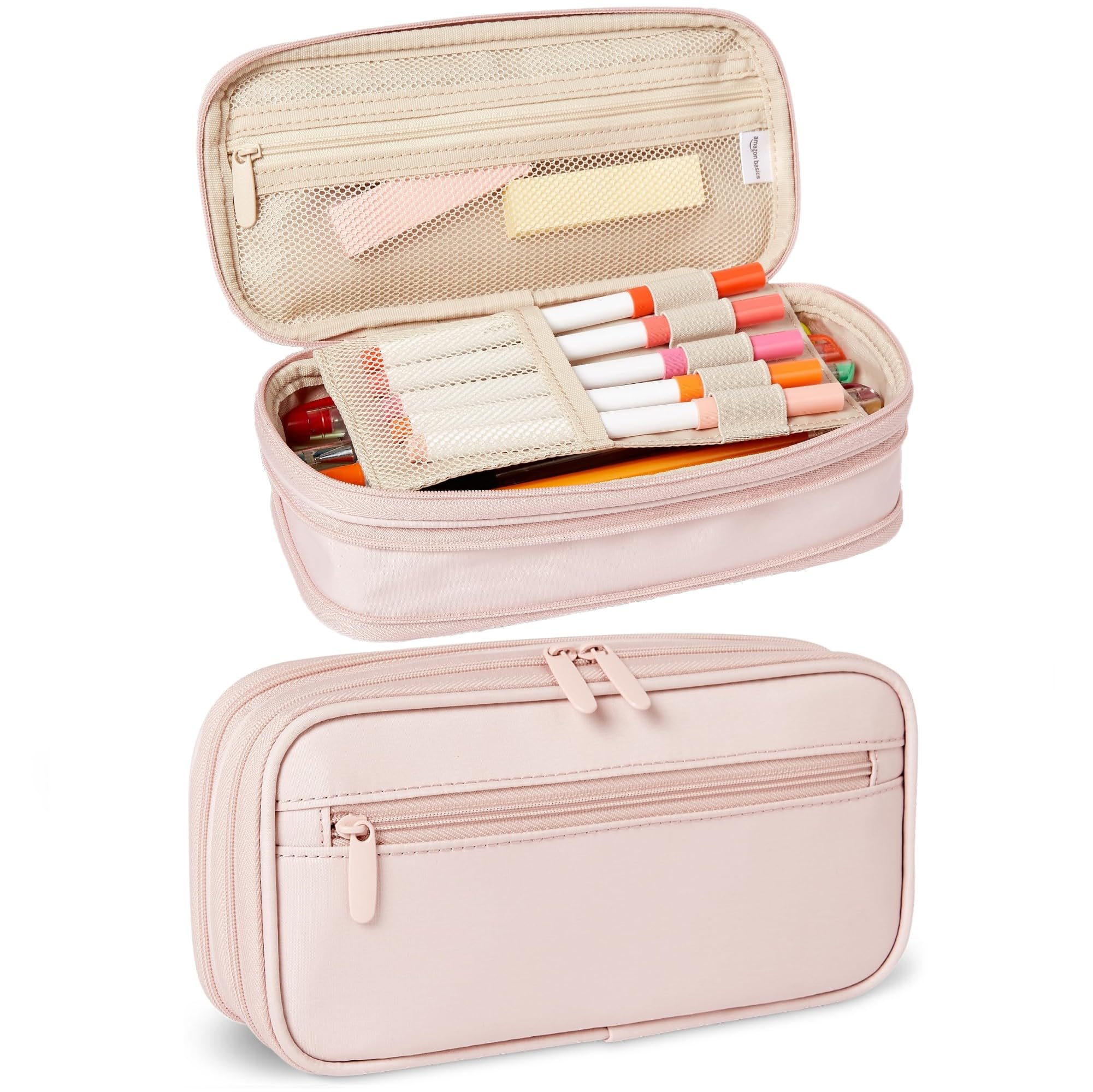 Amazon Basics Large Capacity Pencil Case with Durable Zipper, Multi-Compartment, Rose Mild