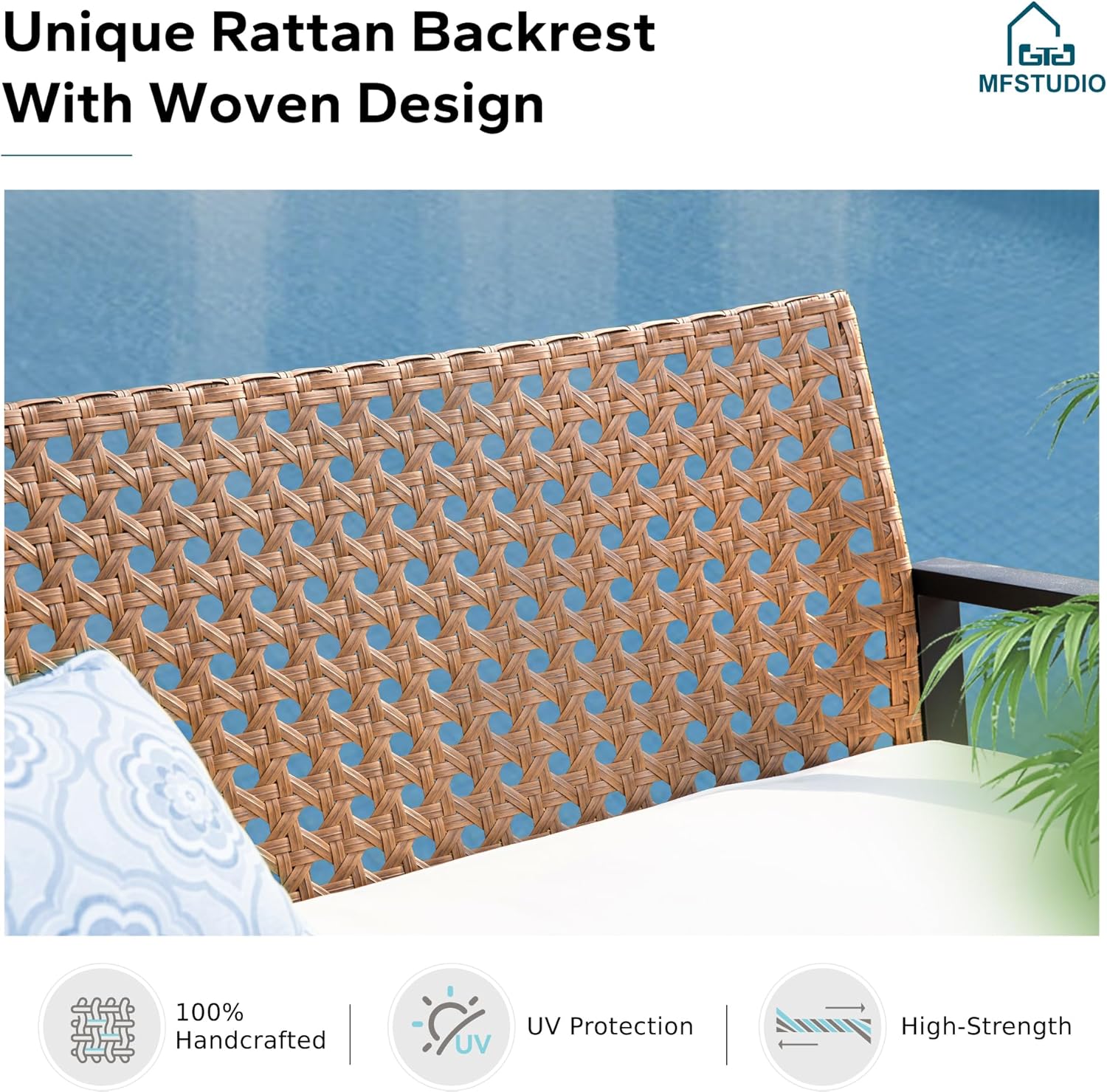 MFSTUDIO 4 Piece Wicker Patio Furniture Set, Small Patio Sofa with Loveseat & Chaise & Acacia Wood Table, Outdoor Sectional Couch with Wood Table, Beige