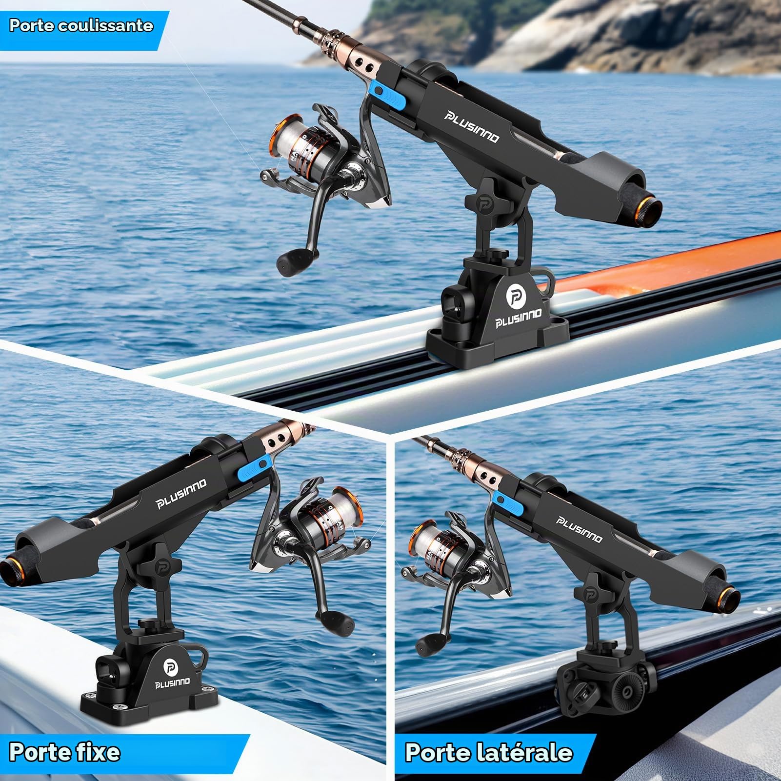 PLUSINNO Lot de 2 supports de canne à pêche 2 en 1 pour bateau, kayak, pour montage sur rail/plafond, accessoires de pêche et cadeaux