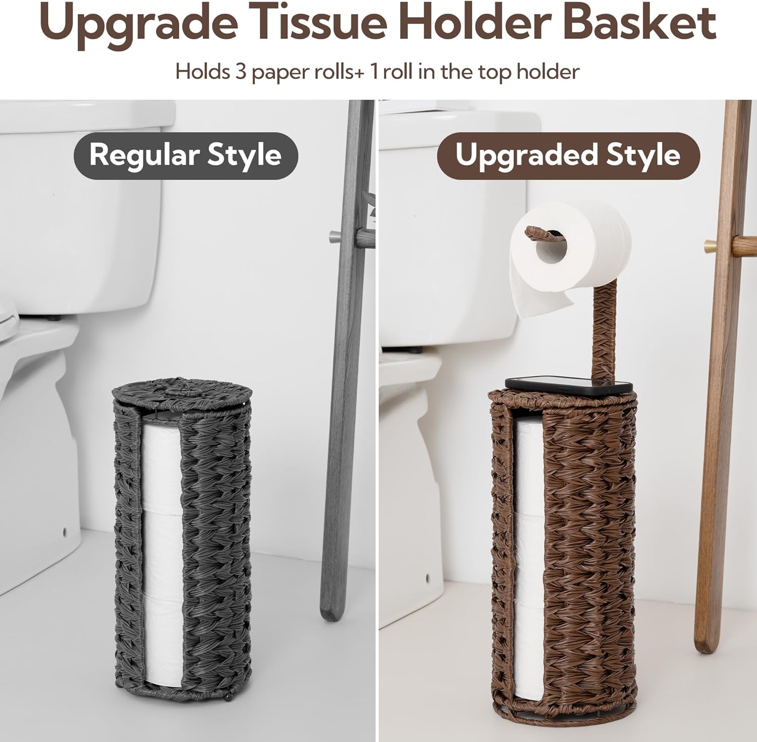 GRANNY SAYS Wicker Freestanding Toilet Paper Holder Stand with Storage, Modern Covered Toilet Paper Stand for 4 Rolls with Shelf for Wet Wipes, Tissue Holder for Bathroom Decor and RV, Brown