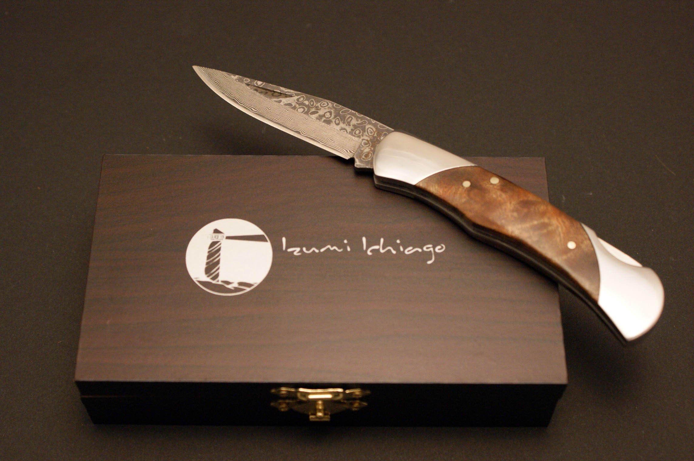 Izumi Ichiago - Little Fox Folder - Japanese Damascus Steel, with Precious Wooden Box