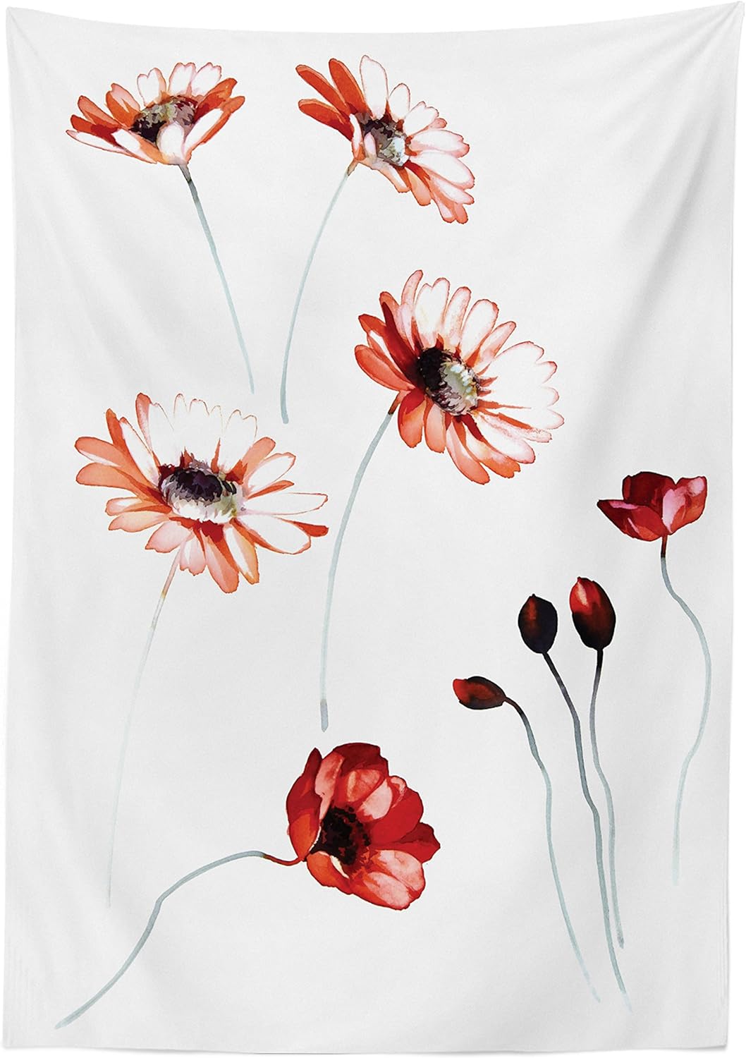 Ambesonne Watercolor Flower Tablecloth, Flower in Watercolor Painting Style Romantic Dramatic Nature Elements, Dining Room Kitchen Rectangular Table Cover, 52" X 70", Orange White 52" X 70" Orange White