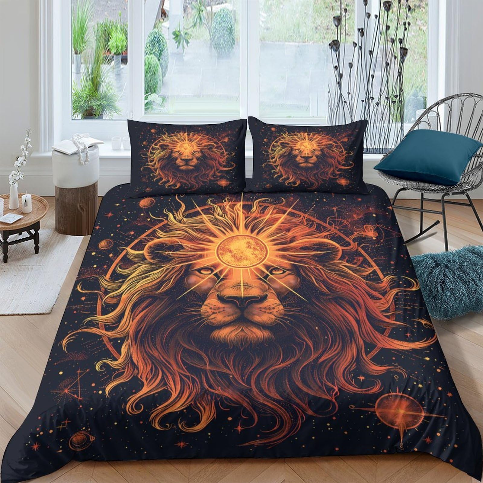 Ctjqhvkz Style-9 3D Printed Lion Head Fitted Sheet Microfiber Soft Black Orange Sunburst Bed Sheet For Bedroom Dorm Decor Single（135X200cm）
