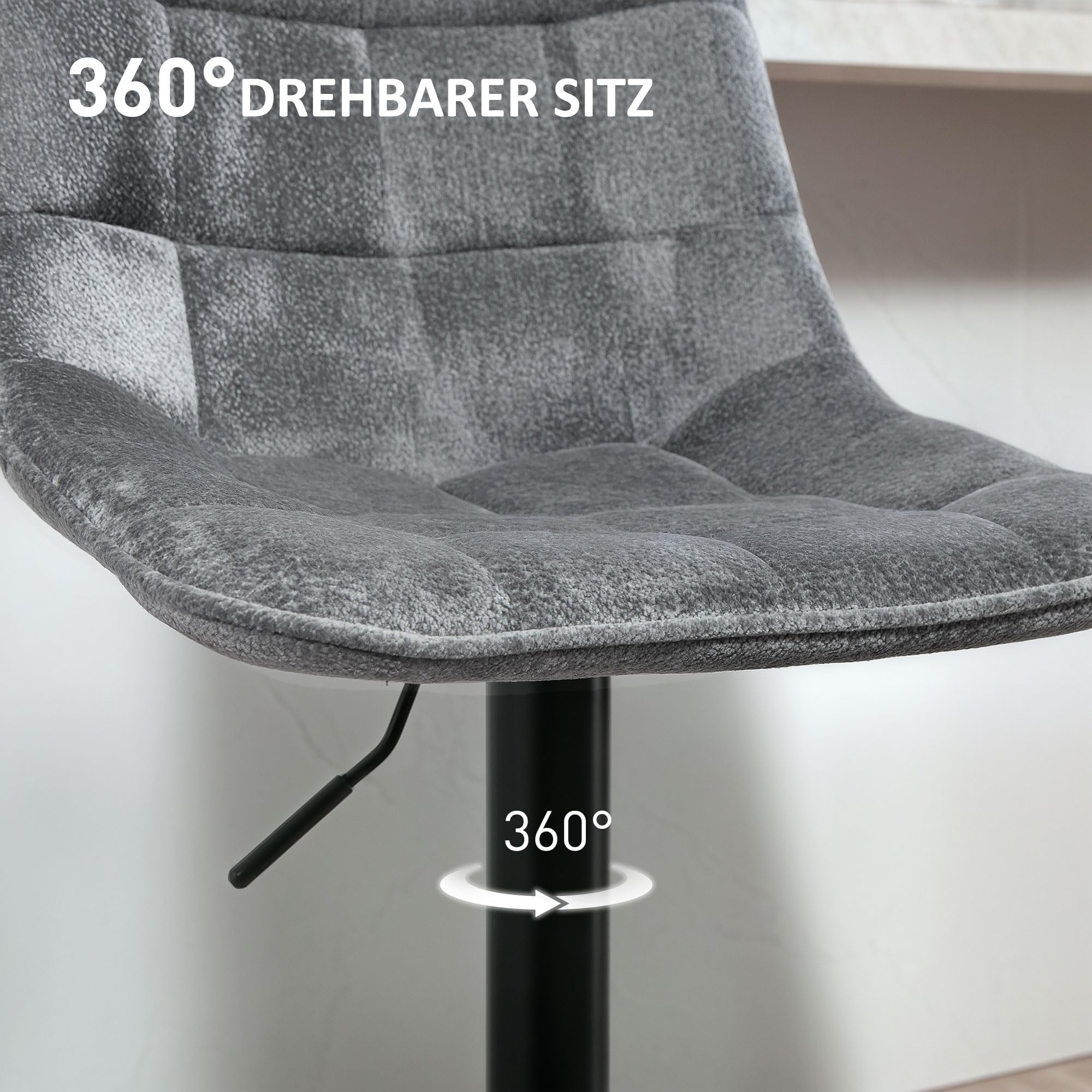 HOMCOM Barhocker 2er-Set, Gepolstert Barstuhl mit Lehne, Stahlgestell, Chenille-Optik, Höhenverstellbare Küchenstühle mit Fußstütze 360° Drehbar Tresenhocker für Küche, Wohnzimmer Dunkelgrau
