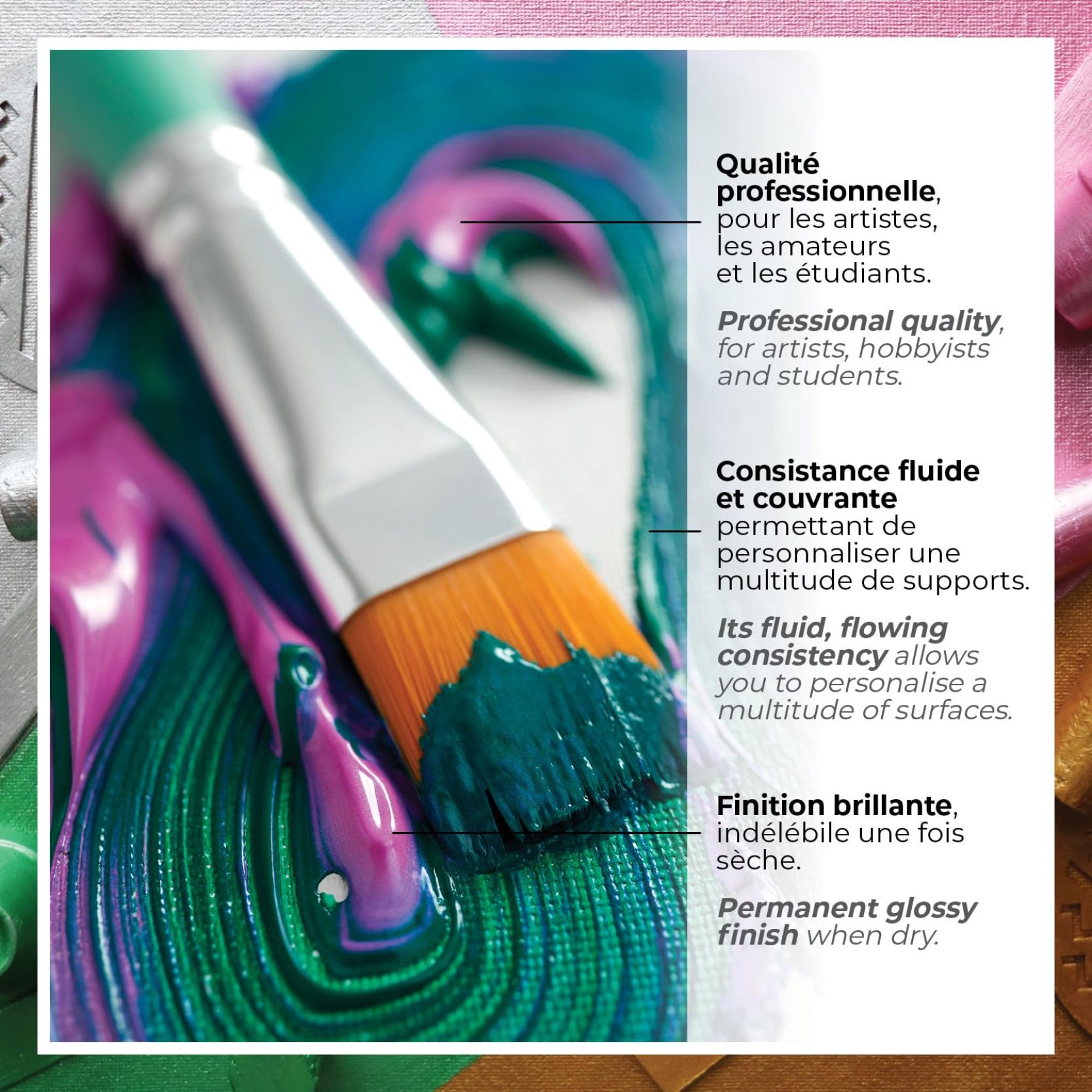 Pébéo - Acrylic Multi Surfaces - Set 24 Flakons 59ml Brillant Sortierte Farben + Zubehör - Acrylmalset für Künstler und Anfänger - 2 Pinsel - Leuchtende und deckende Farben