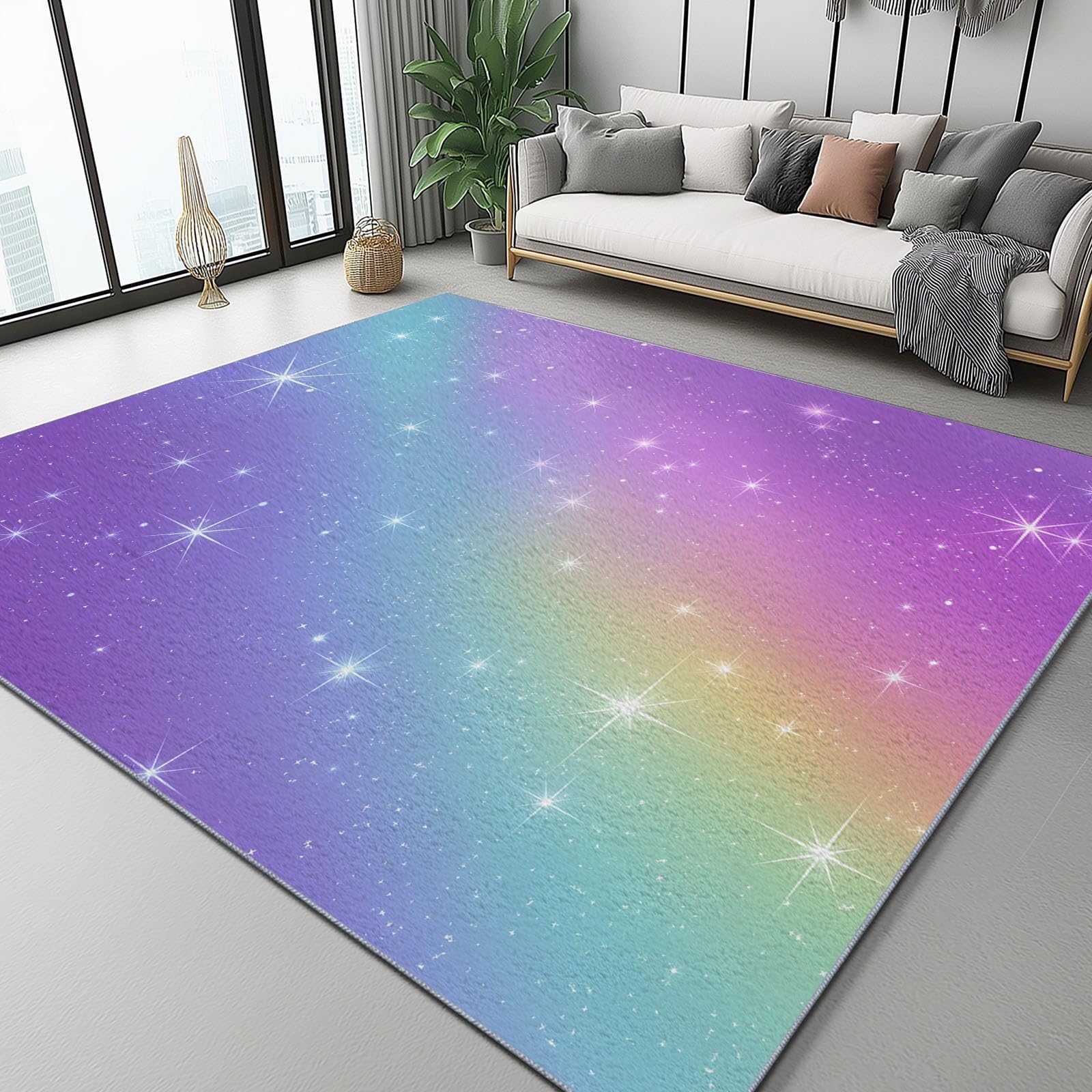 Bunt Flanell Teppich, Traumhaft Regenbogen Farbverlauf Sterne Bedruckter, Weicher Kurzflorteppiche, rutschfest und Waschbar, Bodendekoration 120 x 180 cm, Teppich für Wohnzimmer, Schlafzimmer & Büro