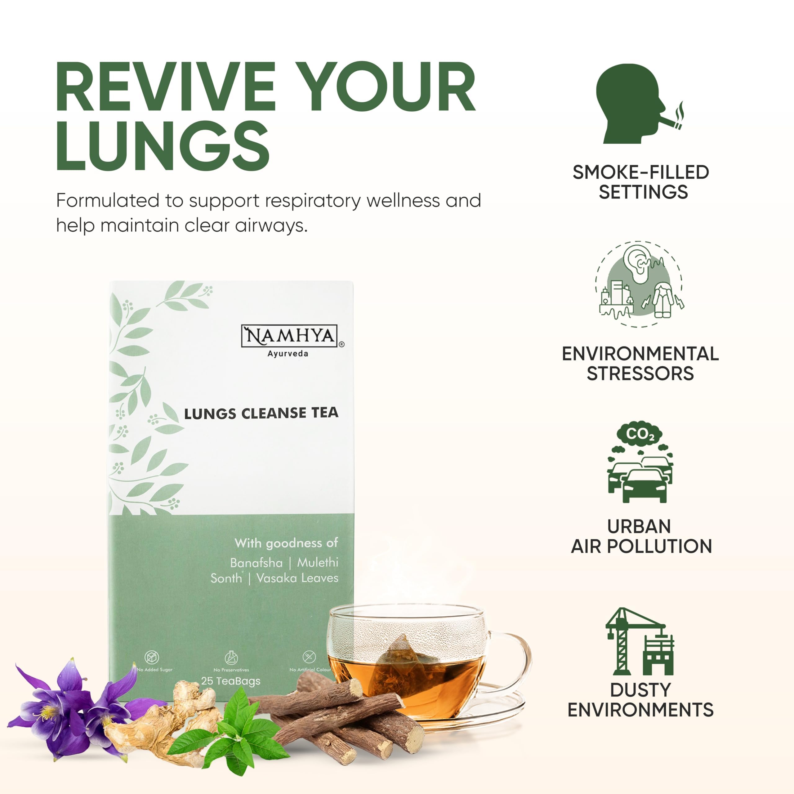 Namhya - Lungs Cleanse Herbal Tea - 100g (50 Cups) - Eases Congestion, Supports Breathing, Soothes Throat - Banafsha, Mulethi, Sonth, Vasaka - Natural, No Preservatives - Balances Kapha & Vata - Image 2 thumbnail