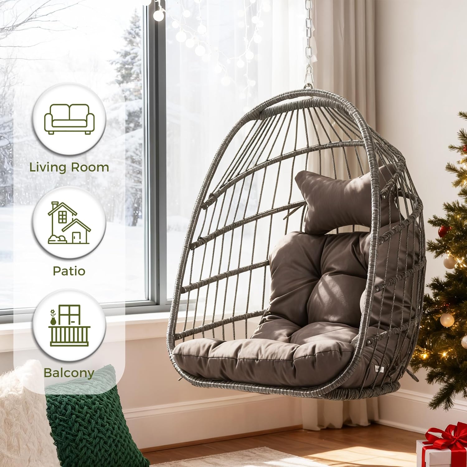 RADIATA Outdoor Egg Chair Without Stand, Foldable Durable Rattan Wicker Hanging Swing Basket, 350 Lbs Heavy-Duty Hammock Chair with Cushion for Patio Balcony Garden Ceiling or Tree Mount, Dark Gray