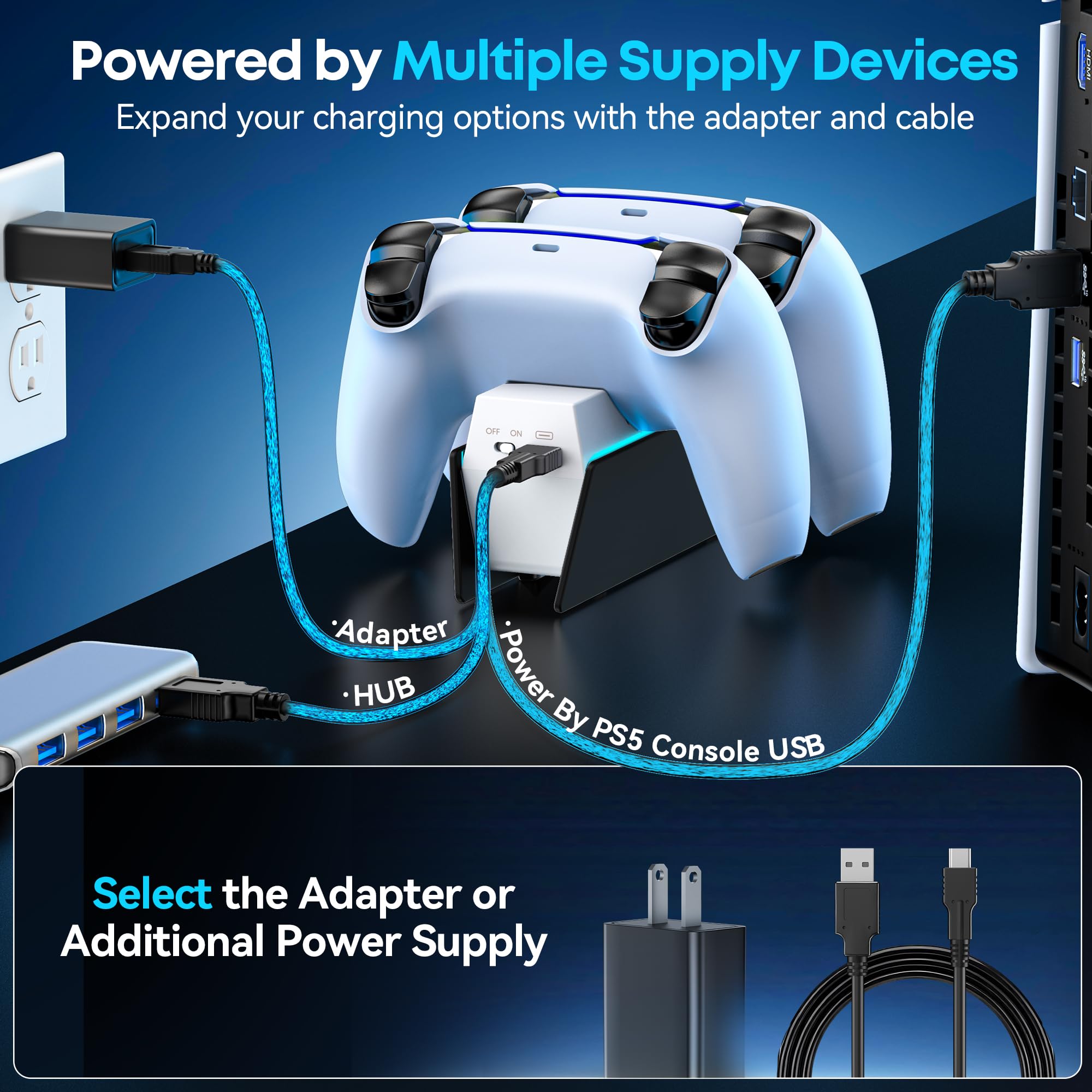 OIVO Cargador Mando PS5 con EU-Adaptador, 2H Rápido Base Carga Mando PS5, Accesorios PS5 para Estación de Carga PS5, Negro & Blanco