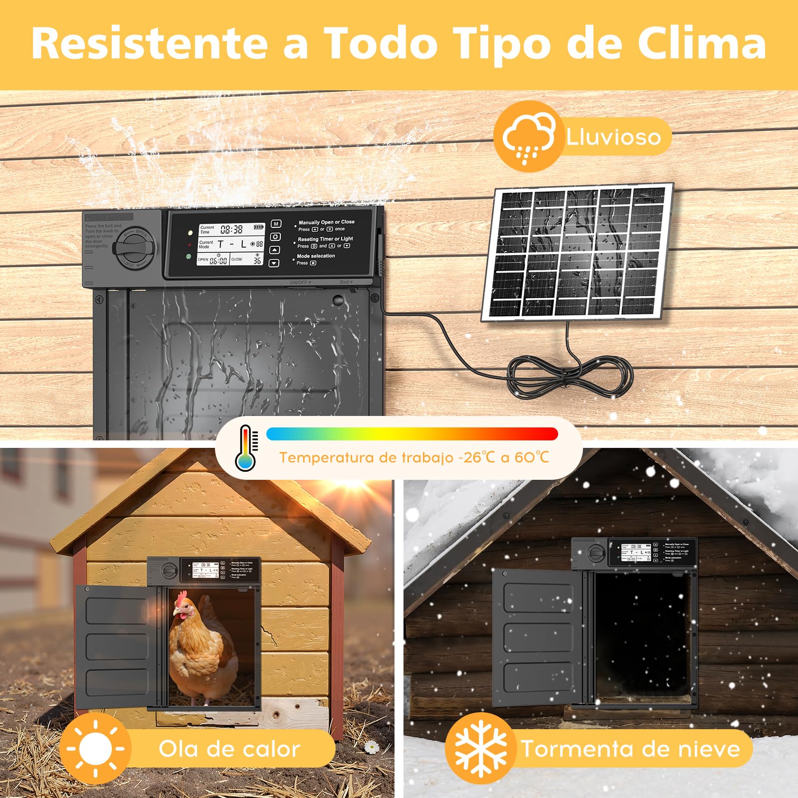 Puerta de pollo automática grande solar, aluminio, apertura lateral, tapa eléctrica con panel solar 7W, LED, sensor de luz, temporizador, mando
