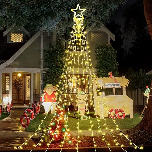 Guirnalda de luces de estrella para decoración de Navidad, 320 luces LED de árbol de cascada con estrella de 13 pulgadas, 8 modos de iluminación,