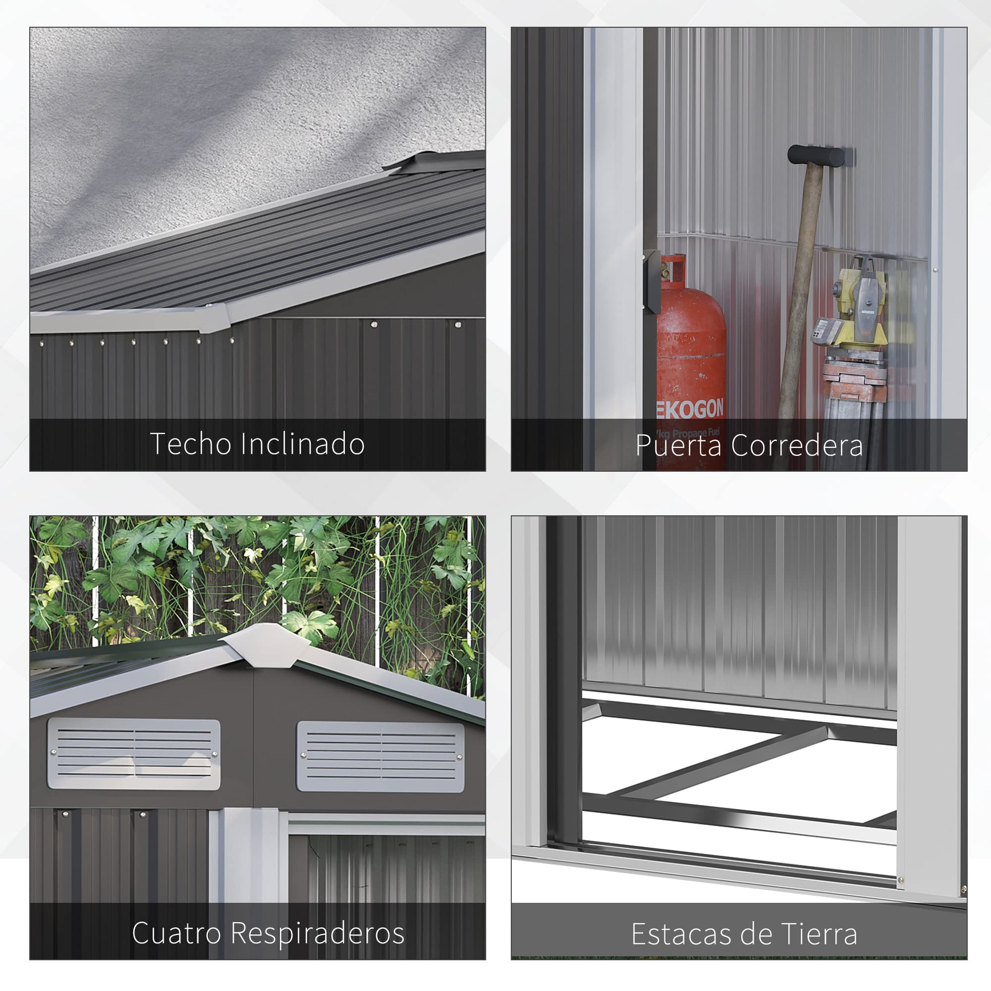 Outsunny Cobertizo de Jardín con Base de Refuerzo Sin Suelo 152x132x188 cm 1,7m² Caseta de Jardín Exterior con 1 Puerta Corredera y 4 Ventanas para Almacenamiento de Herramientas Gris