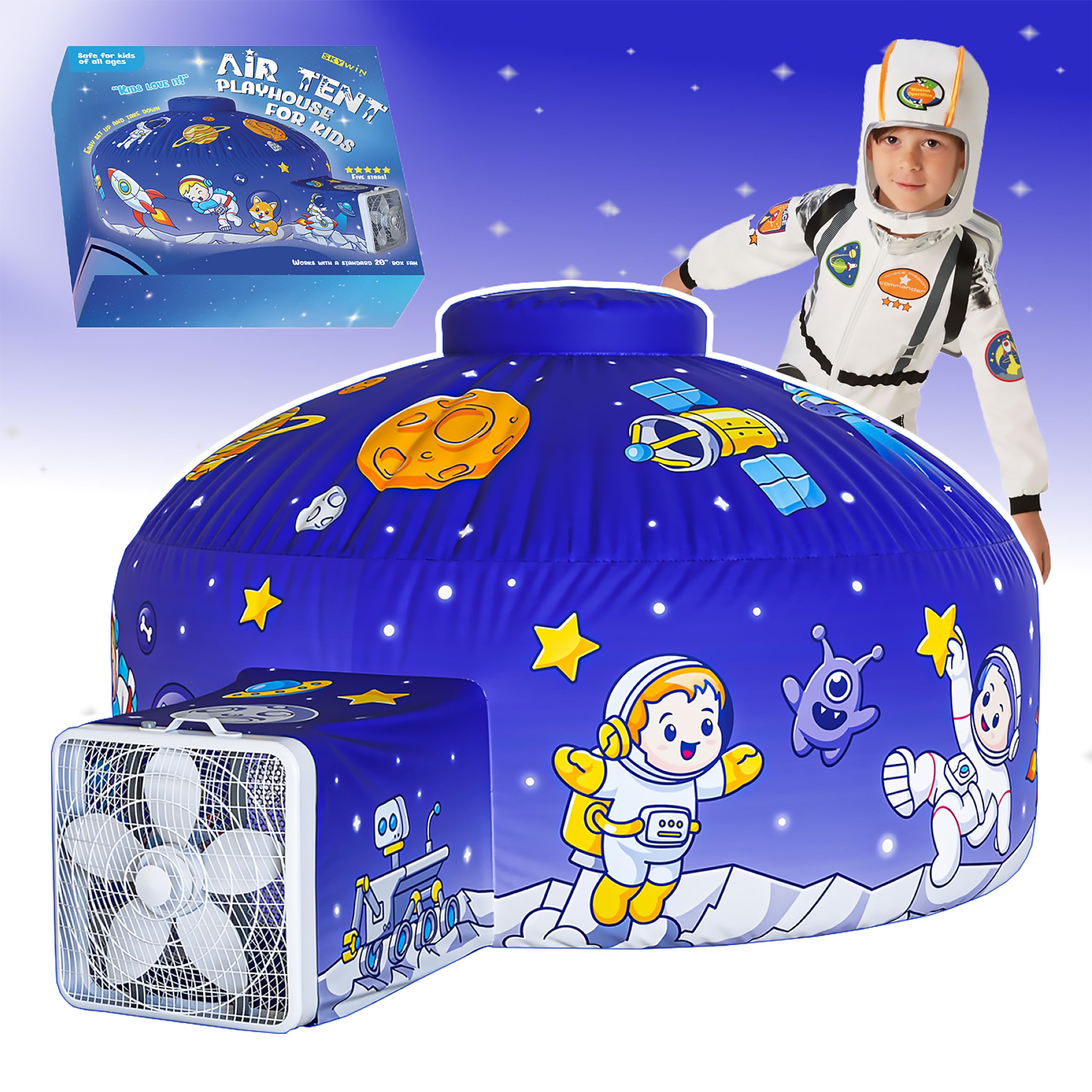 Skywin Inflatable Air Tent for Kids (77” x 50”), Perfect for Social or Solo Imaginative Play, Blow Up Tent, Sets Up and Stores Away in Seconds, Toddler Playhouse (Fan NOT Included) (Space)