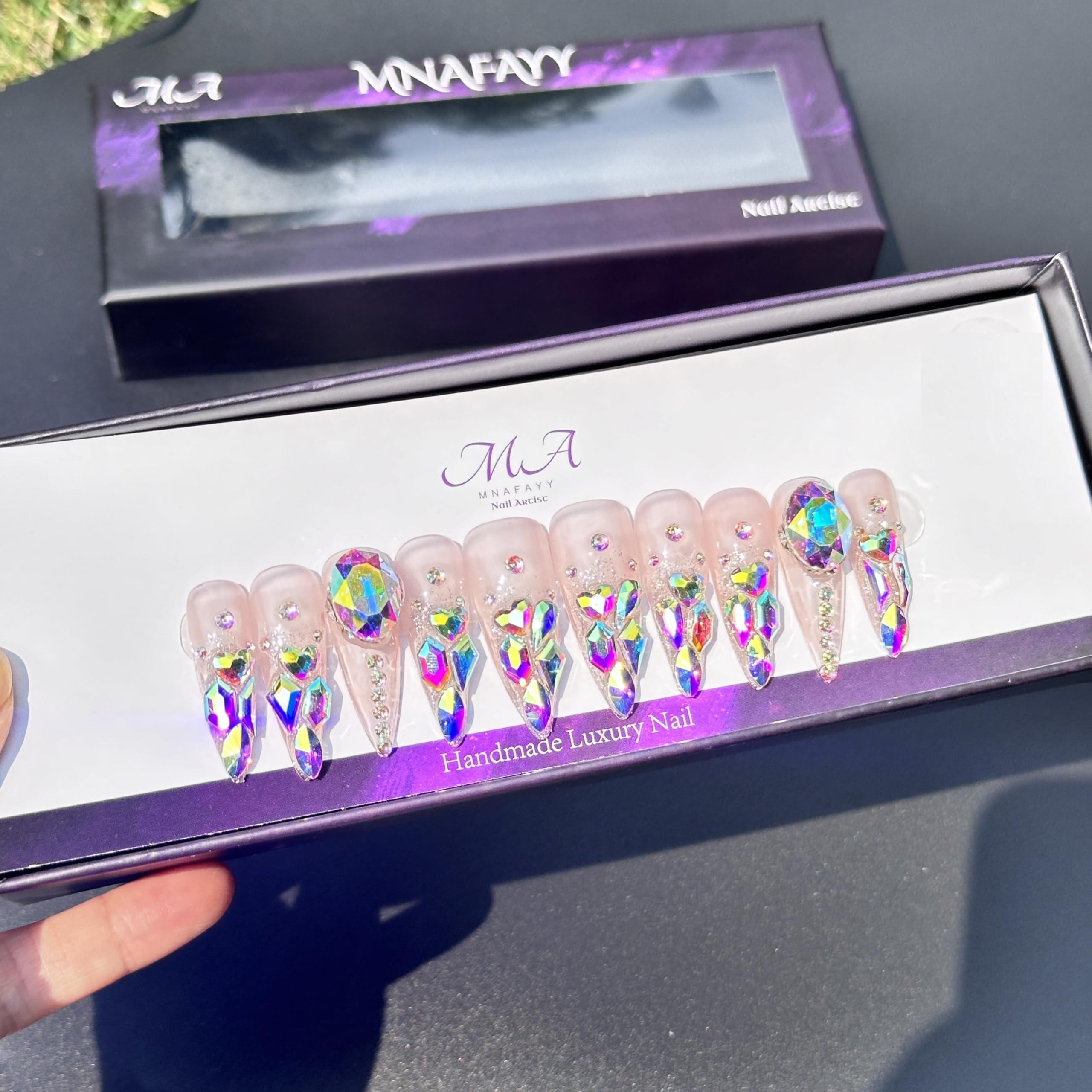 Handmade Press On Nails, Luxury Full Cover 3D Rhinestone Crystal Reusable UV Finished Fake False Nails, Hand-Painted Nails Design by Professional Nail