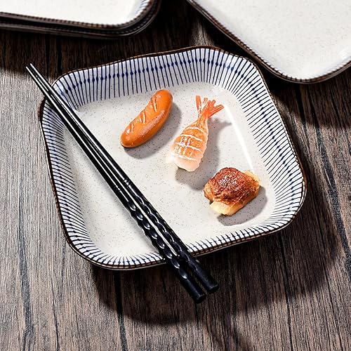Miniatura 7 de Plato cuadrado de cerámica, platos llanos japoneses de línea azul, juego de 4 platos de 7 pulgadas