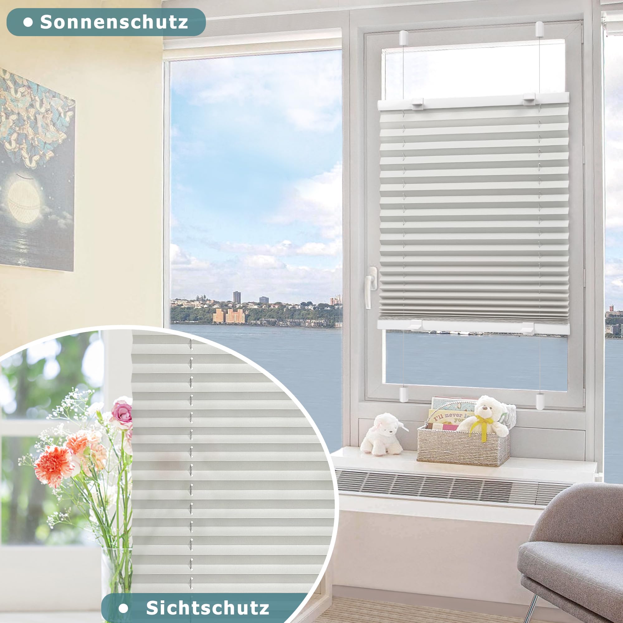 Victoria M. Easyfix Plissee Faltrollo ohne Bohren Plisseeanlage Klemmfix mit Klemmträger für Fenster und Türen, Größe: 110 x 150 cm, Farbe: Grau