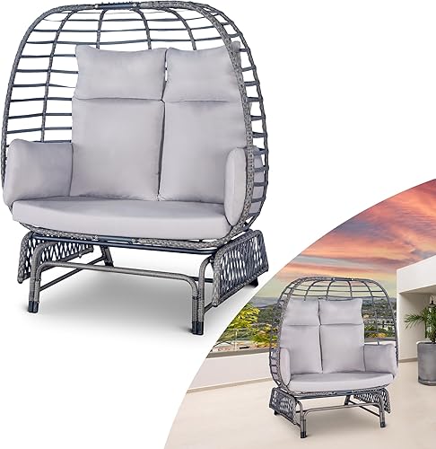 Yechen Silla doble para patio  Moderna silla tumbona de mimbre  Silla de mimbre para interiores y exteriores, de gran tamaño, mecedora de ratán con