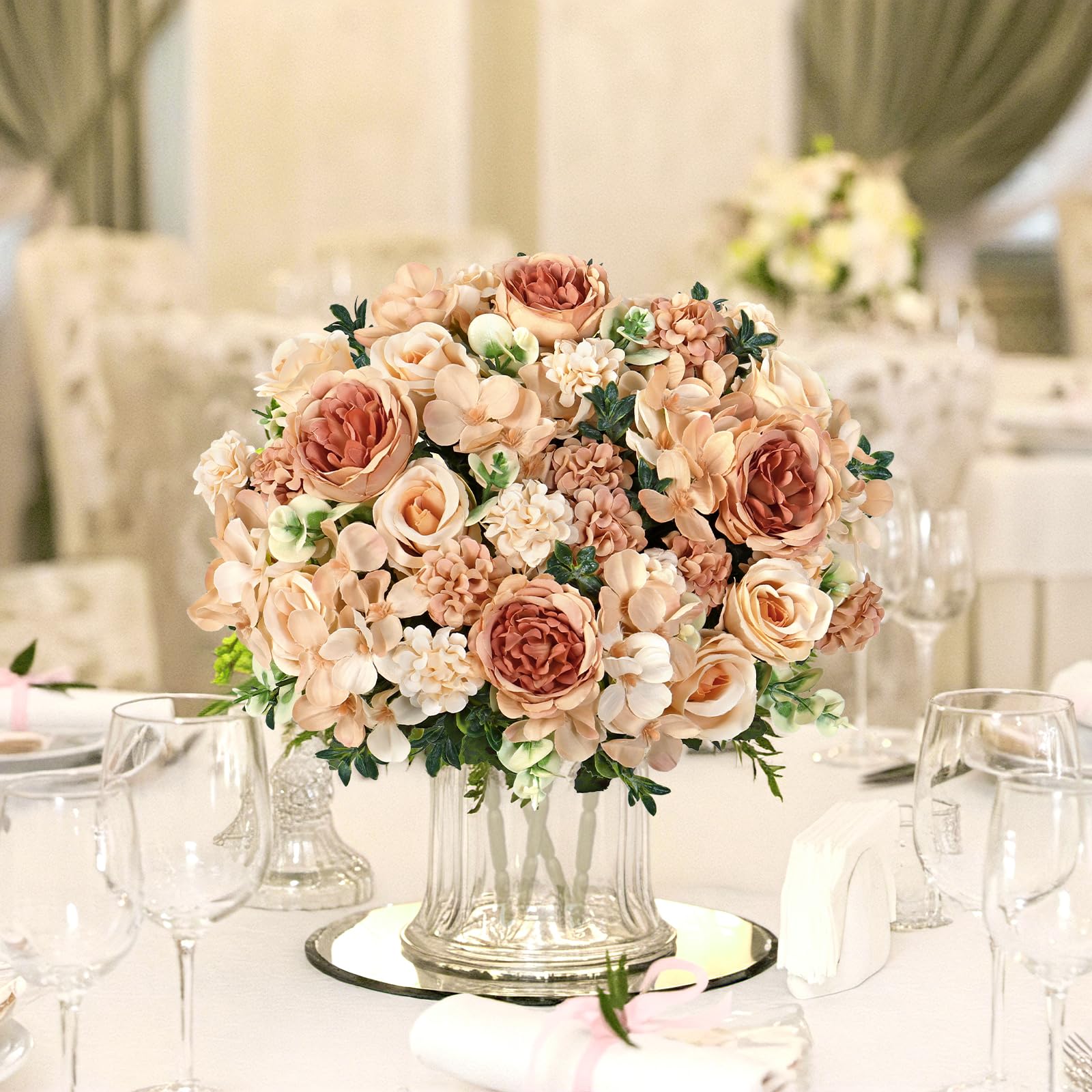 UXORSN 4 Bunches Artificial Roses Peonies Flowers Champagne Fake Flower Silk Peonies Rose Hydrangea Faux Flower Bouquet Floral Arrangement for Wedding Party Home Table Centerpieces Decor(2 - Image 2