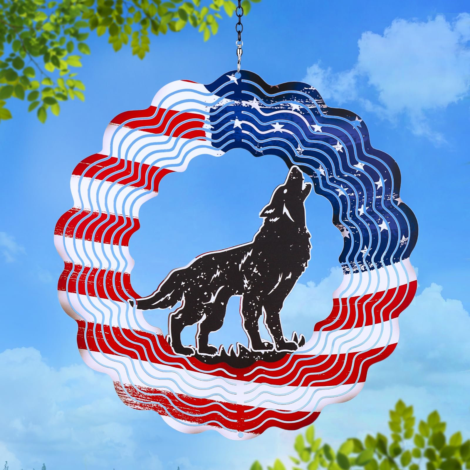 Wolf Wind Spinners Hanging,3D American Flag Wind Spinner Outdoor for Garden Silhouette Decoration Gifts,12 inch Stainless Steel Wind Sculpture for