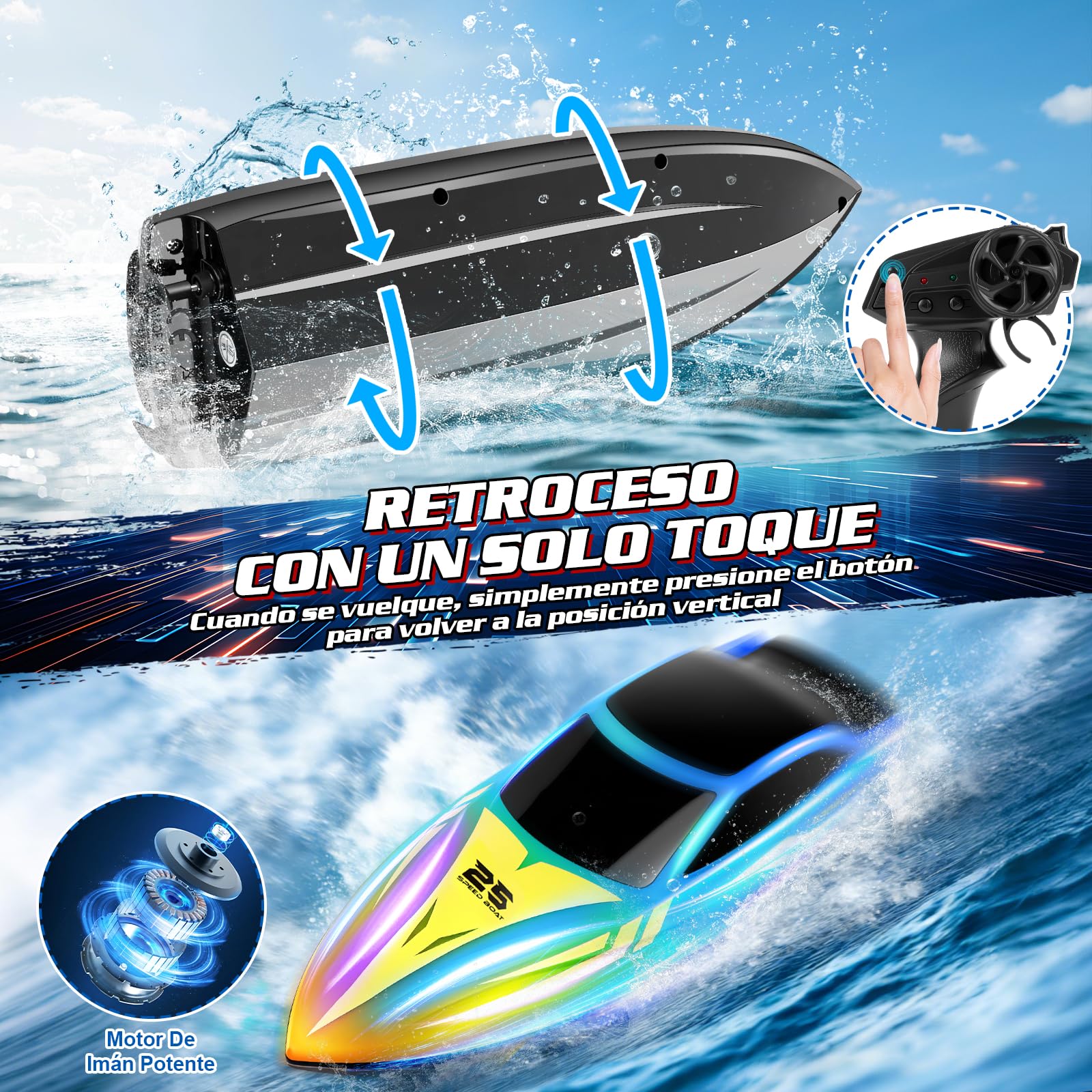 FORMIZON Barco Teledirigido, 2.4GHz Lancha Teledirigida con 7 Modos de Luces LED, 15 km/h Barco RC para Piscinas, más de 120 Minutos, Barcos Teledirigidos Juguetes de Piscina para niños (Azul)
