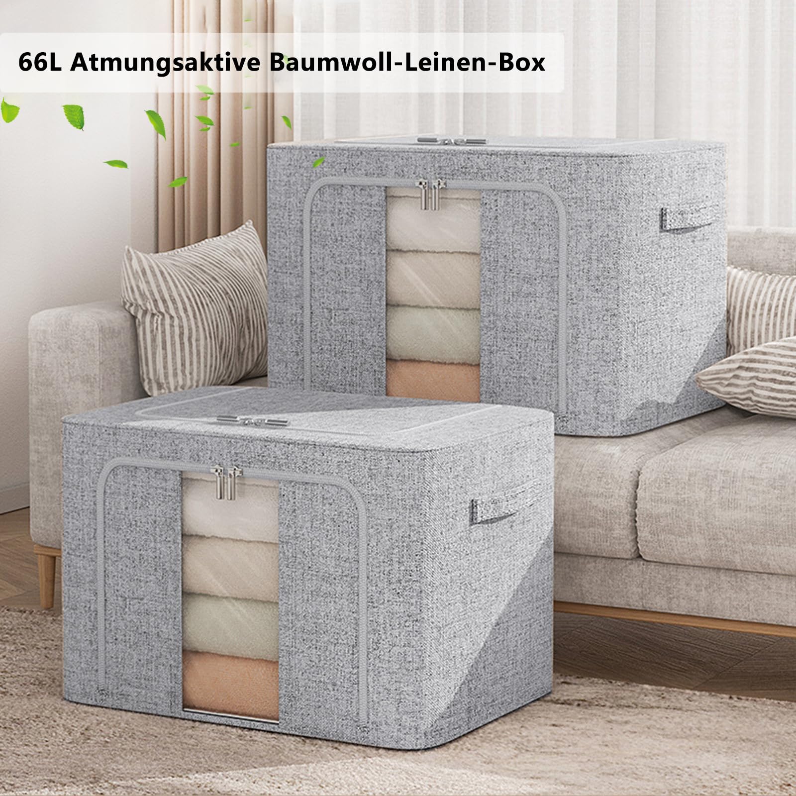 Aufbewahrungsboxen Kleidung 66L, Faltbar Mit Metallrahmen, Deckel, Sichtfenster, Stapelbar Für Kleiderschrank Und Schlafzimmer (4, Grau)