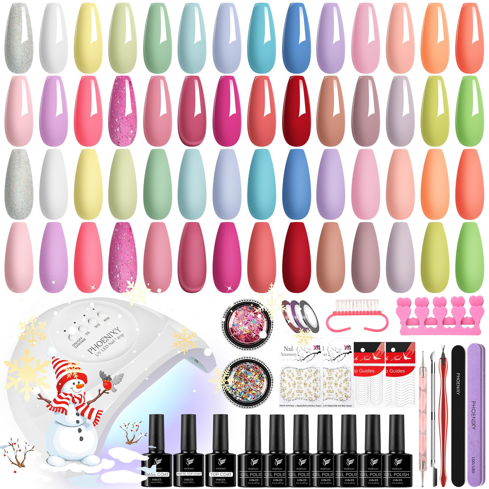 Kit Uñas Semipermanentes con 48W UV/LED Lámpara, Phoenixy 28 Colores Kit Manicura Semipermanente con Top Base y Mate Coat, Kit de Uñas Semipermanentes DIY en Casa