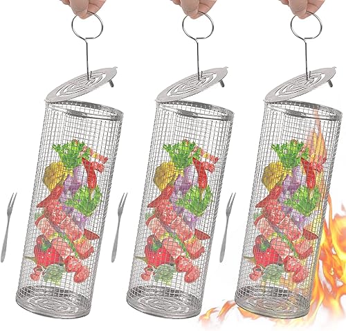Miniatura 1 de Tofern Cesta de parrilla con ruedas para exteriores, tubo redondo de malla de acero inoxidable para barbacoa, cesta de barbacoa, cesta antiadherente