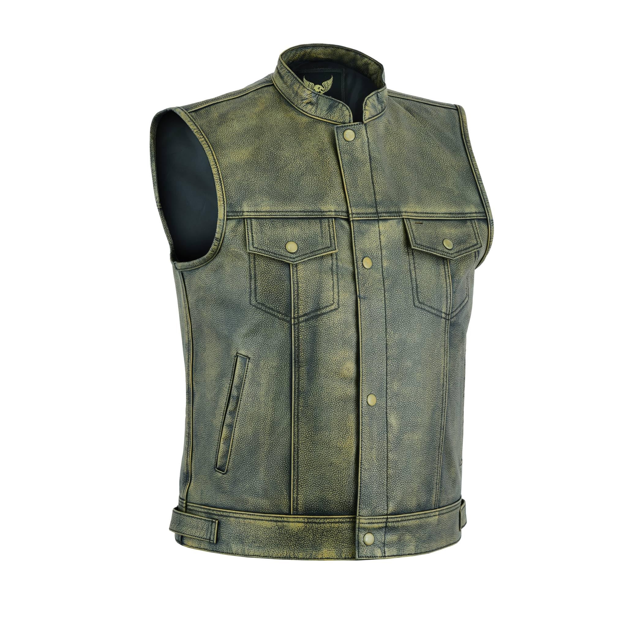 Leatherick SOA Gilet da motociclista da uomo in grana superiore marrone invecchiato con bottoni aperti per equitazione e gilet stile taglio alla moda