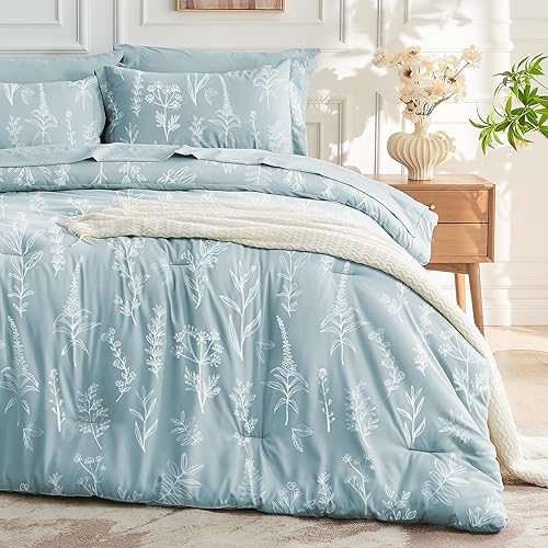 MUXHOMO Mineral Blue Bed in a Bag Queen 7 Pieces, Queen Comforter Set Reversible Botanical Flowers Design, Ultra Soft & Breathable Bedding Sets with Comforter, Sheets, Pillowcases & Shams - Queen(88"x 88") - Mineral Blue Leaves