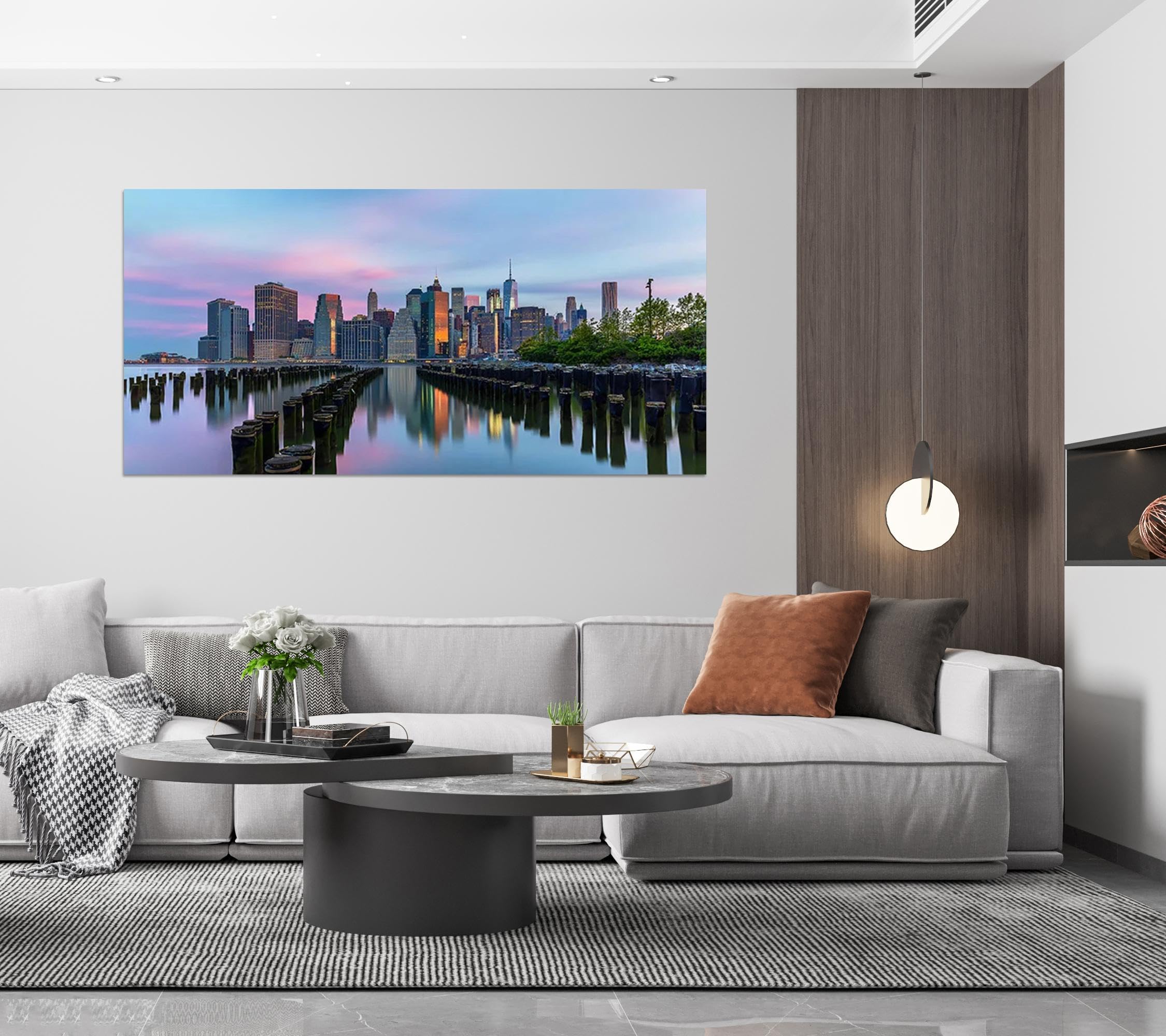 Stadtlandschaft Leinwandbild mit Rahmen Fertig zum Aufhängen-Landschaftsbilder auf Leinwand-Panorama Wandbilder Wohnzimmer-Stadt Gebäude See 30x60cm Umwickelte Leinwand