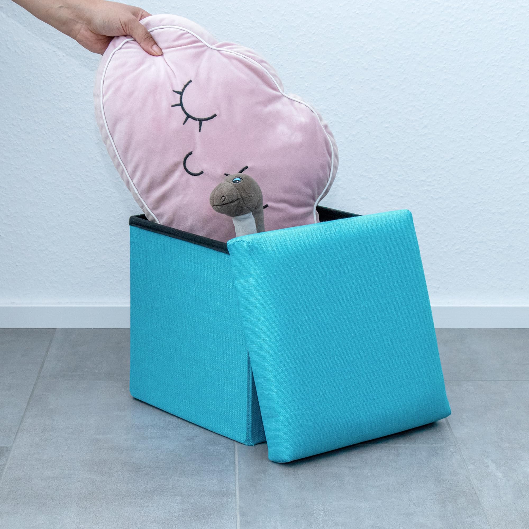 INTIRILIFE Pouf Pieghevole 30x30x30 cm in Blu Celeste - Cassapanca Cubo Contenitore Imbottito de Tessuto a l'Ottica Lino con Coperchio - Ottomane Poggapiedi Sgabello Panca Poltrona
