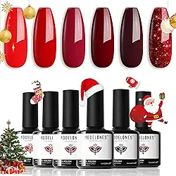 Modelones Conjunto de esmalte em gel - 6 cores clássicas vermelhas gel de imersão em gel vermelho com glitter para arte de unhas, manicure, faça você mesmo, esmalte, salão, LED, unhas de gel, dia dos namorados, ano novo, presentes para mulheres