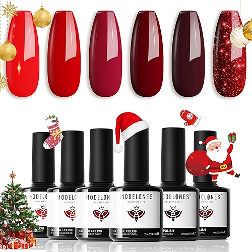 Modelones Conjunto de esmalte em gel - 6 cores clássicas vermelhas gel de imersão em gel vermelho com glitter para arte de unhas, manicure, faça você mesmo, esmalte, salão, LED, unhas de gel, dia dos namorados, ano novo, presentes para mulheres