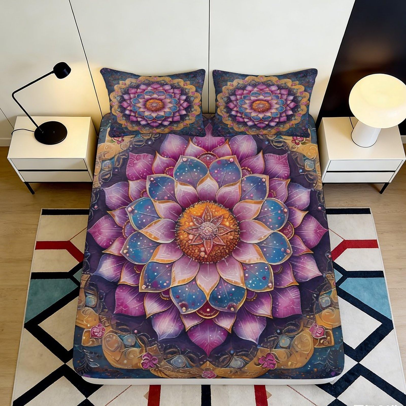 3D Printed Mandala Lotus Fitted Sheet Microfiber Soft Purple Boho Sun Mattress Cover for Bedroom Guest Room Easy Care 90x200x25cm