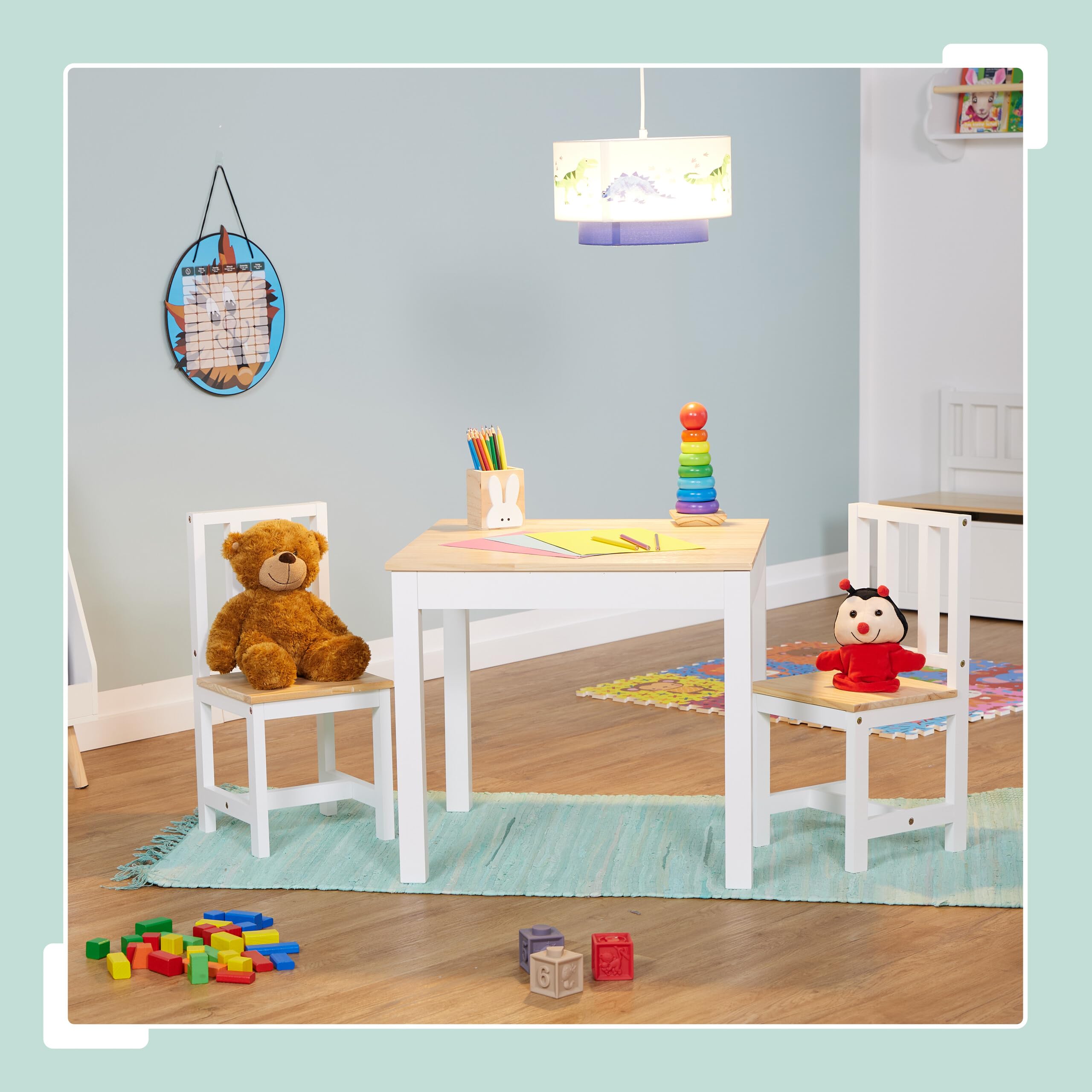 Relaxdays Mesa y 2 Sillas Infantiles, 3 Piezas, Mobiliario para Niños y Niñas, Set de Muebles Dormitorio, Blanco/Natural