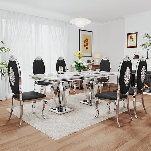 Miniatura 42 de Juego de comedor de lujo de 7 piezas, mesa de comedor moderna y sillas tapizadas, juego de mesa de cocina de mármol para 6, juego de mesas de