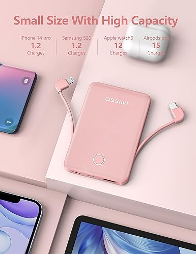 Miniatura 6 de Paquete de 2 cables integrados ultradelgados de 6000 mAh, batería externa de 3 salidas, compatible con iPhone, color negro y rosa