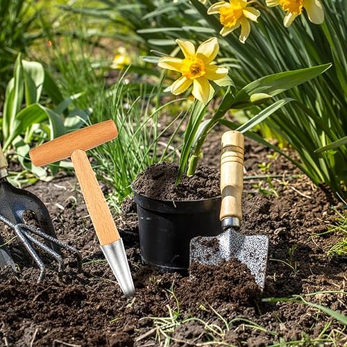 Miniatura 7 de XIHIRCD Dibber de mano con mango de madera, herramienta de jardinería Dibbler de acero inoxidable, perforador de agujero de cabeza de mano, maceta