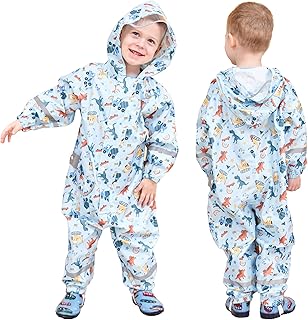 Fewlby Rain Suit, Children's Rain Jacket, Waterproof Rain Overall, Boys and Girls, One-Piece Raincoat with Hood, Rain Poncho, Outdoor Rain Clothing, L 5-7 Years