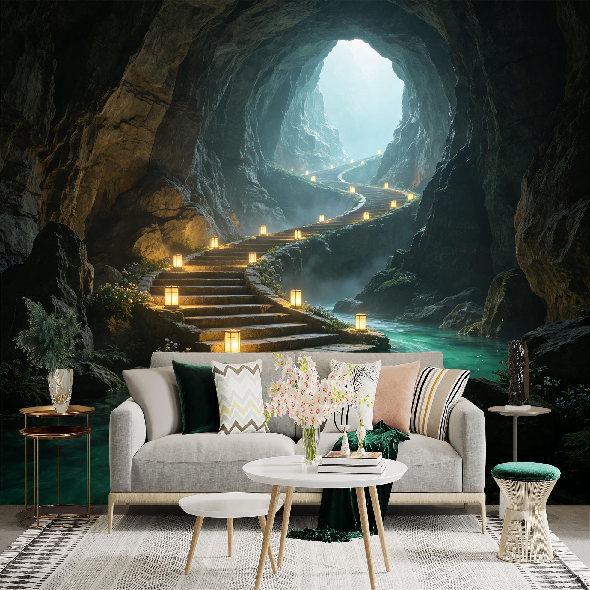 Custom Size Wall Sticker Mural， Mysterious Cave with Glowing Lanterns， Stone Stairway and Serene River， for wall Decoration， peelandstick wall Decals.