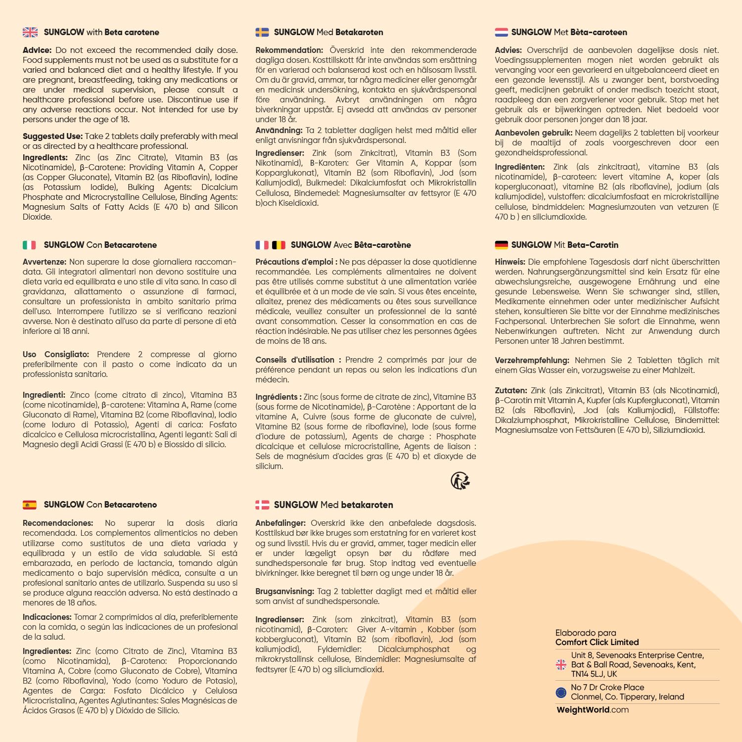Sunglow Betacaroteno Complex - 120 Comprimidos con Zinc, Yodo, Vitamina B2 y B3 - Con Cobre que Contribuye a la Pigmentación Normal de la Piel (EFSA) - Apto para Veganos - 2 Meses de Suministro