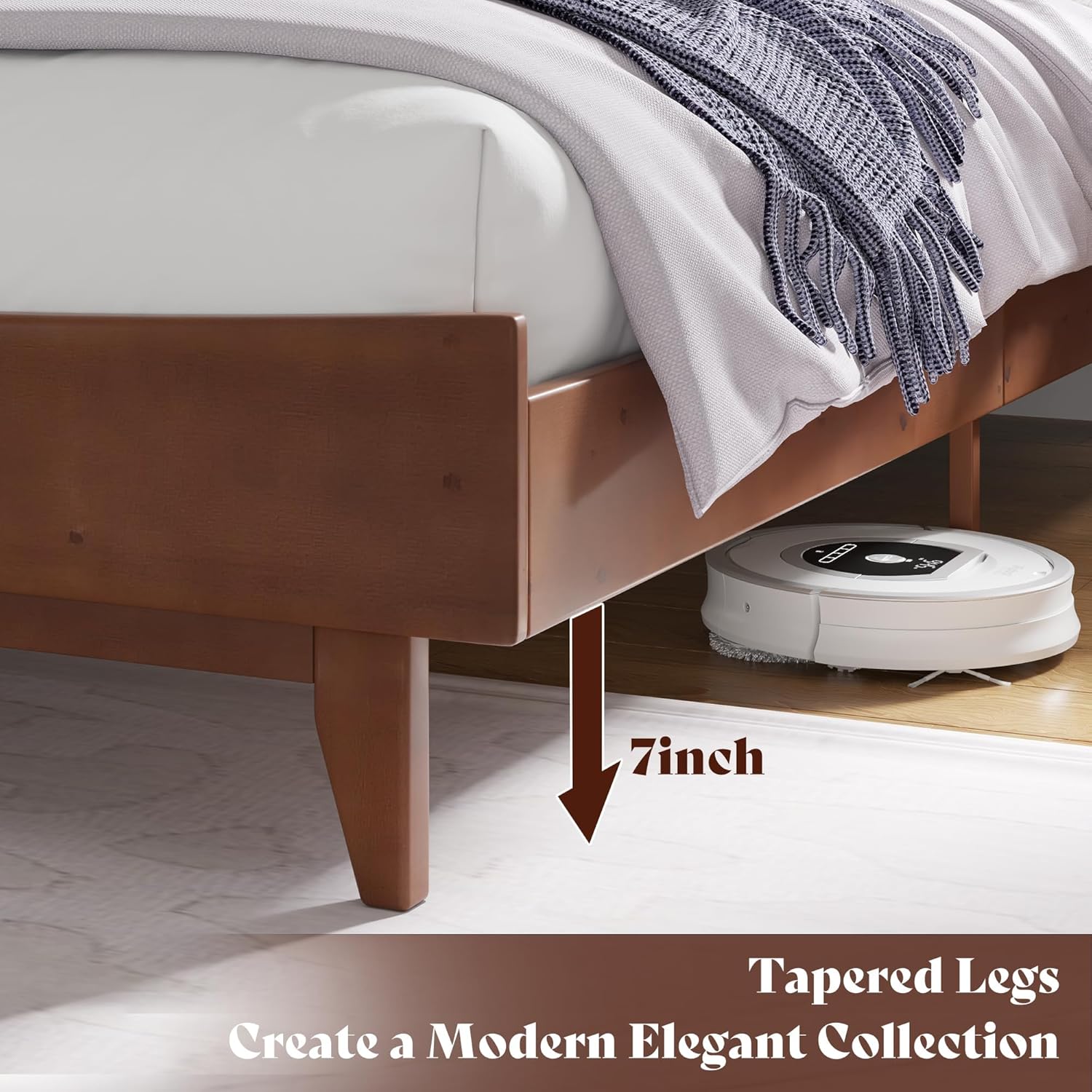 VanAcc Queen Size Solid Wood Bed Frame, Mid Century Platform Beds with Slatted Headboard, Wood Slat Support/No Box Spring Needed/Noise Free/Walnut - Image 6