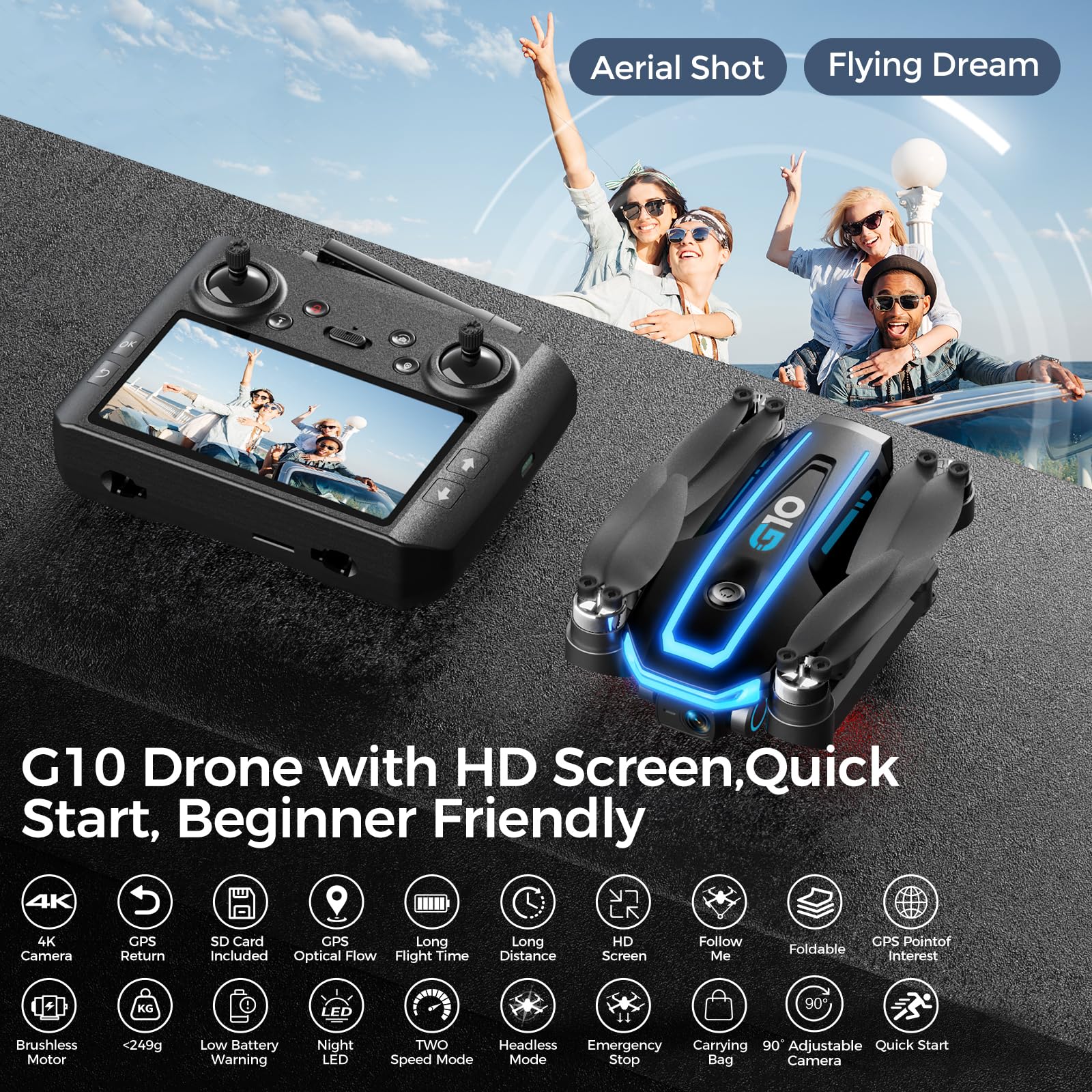 GPS Drones with 4K Camera for Adults with HD Screen on Controller and Follow Me Mode,Long Flight Time and Distance,Transmission and GPS Auto Return,G10 RC Quadcopter Easy fly for Beginner and Kids,Under 249g