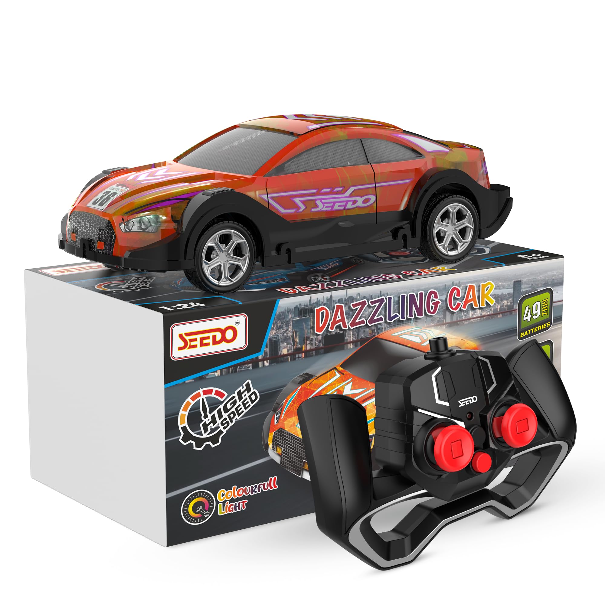 SEEDO Remote Control Rechargeable Dazzling Drift Anti Scratch High Speed Racing Car with Colourful Lights and Music, 1:24 Scale Rc Vehicle Toy for 8+ Years Kids Boys and Girls, Pack of 1, Orange