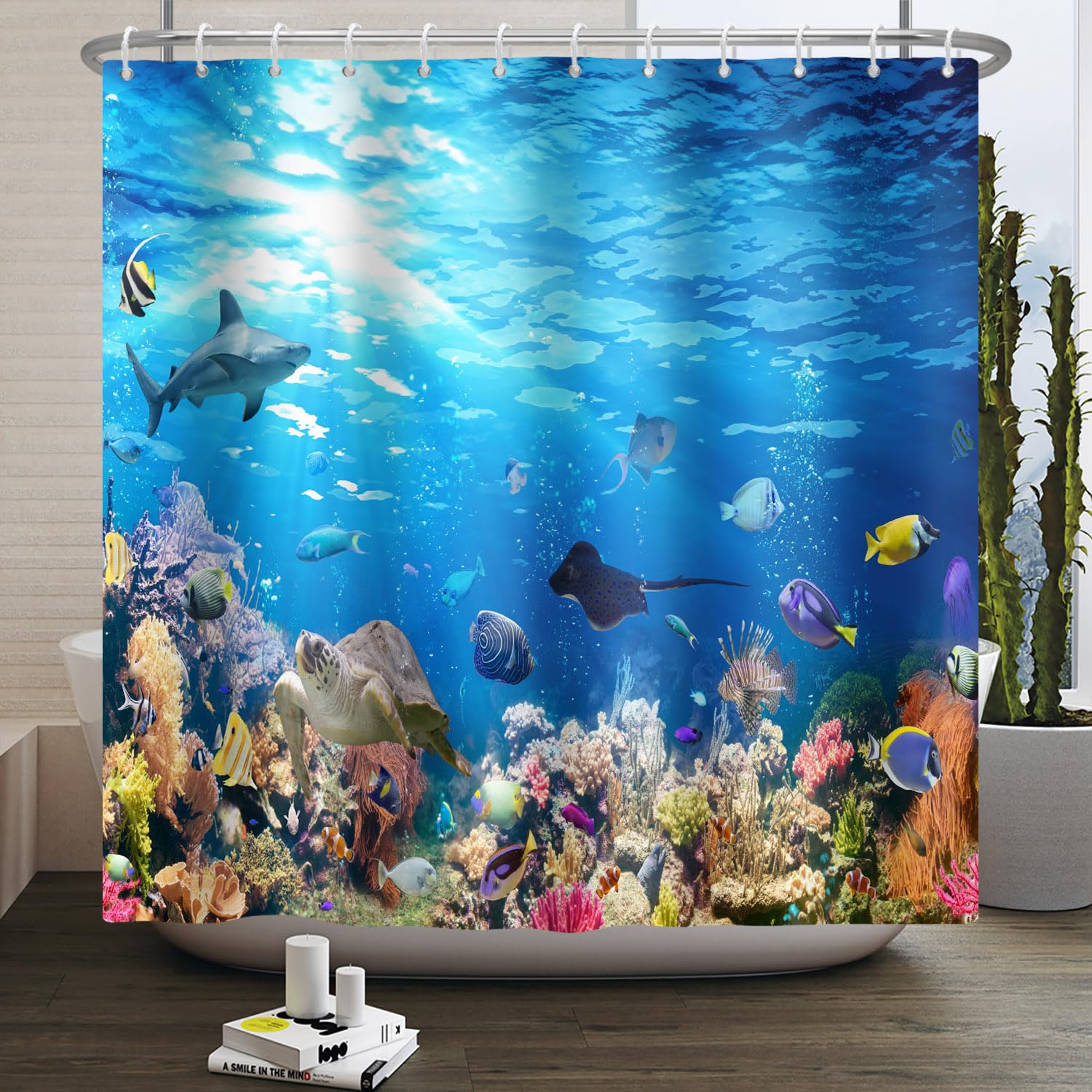 SDOTPMT 165x183cm Under The Sea Shower Curtain Multicolored Coral Reef Fishes Whales Turtles Underwater Animals Theme Bathtub Curtain for Kids Bathroom Decor Waterproof with Hooks