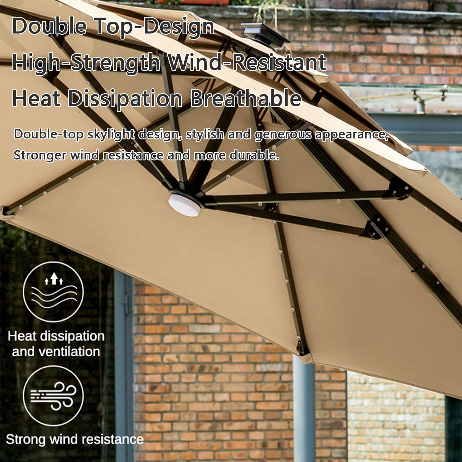 3m Parasol Ogrodowy Na Wsporniku, Parasol Na Patio Ze światłami Led Zasilanymi Energią Słoneczną, Parasol Wiszący Na Korbie Z Mechanizmem Pochylania Korby Ochrona Przed Promieniowaniem Uv,Beige