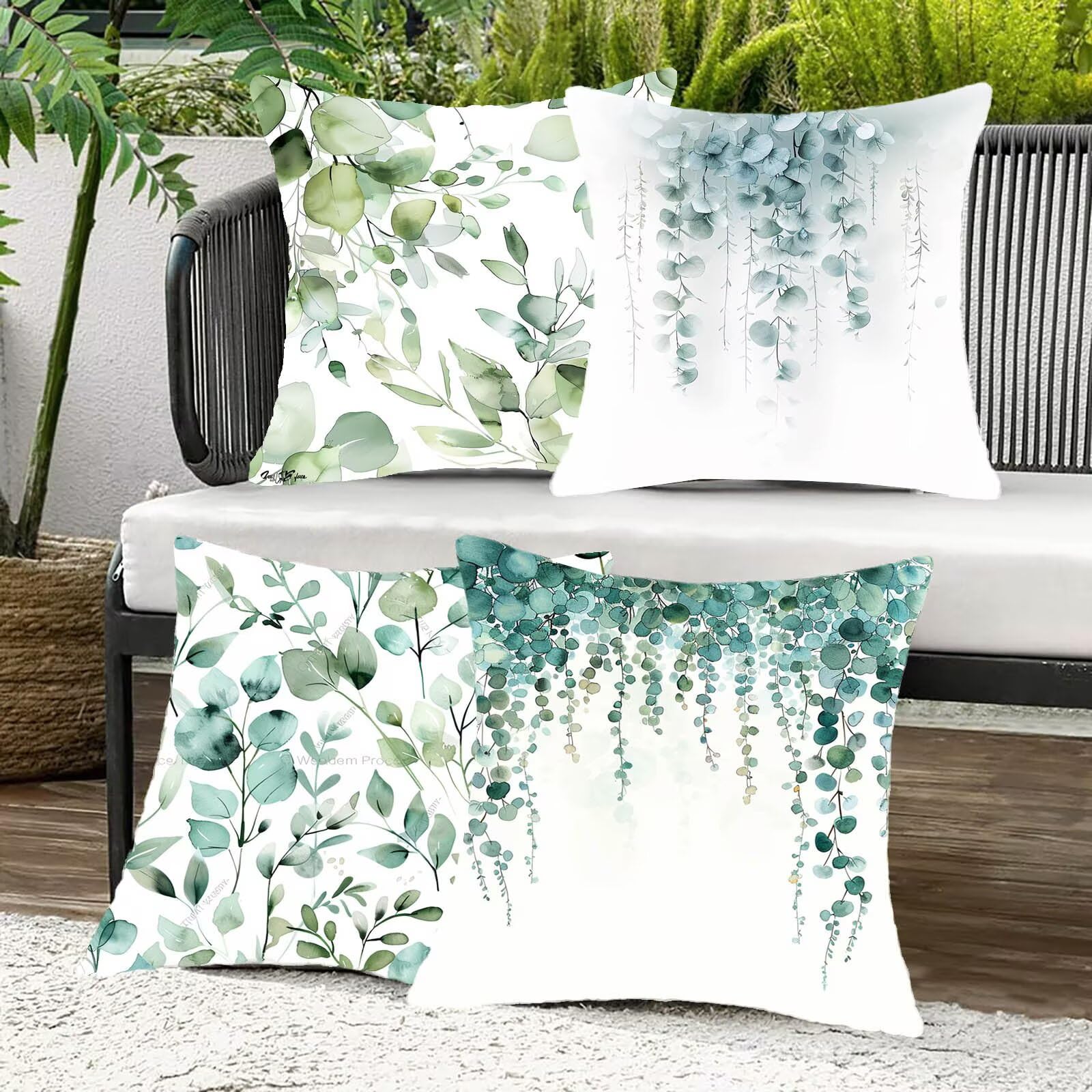 Kissenbezug 55 x 55 cm Laub 4er Set Sofakissen Superweichem Doppelnähten Versteckter Reißverschluss Grün Outdoor Kissen Leinen gelten für Auto Terrassen-Gartenbank Wohndeko Schlafzimmer Sofa N-Y